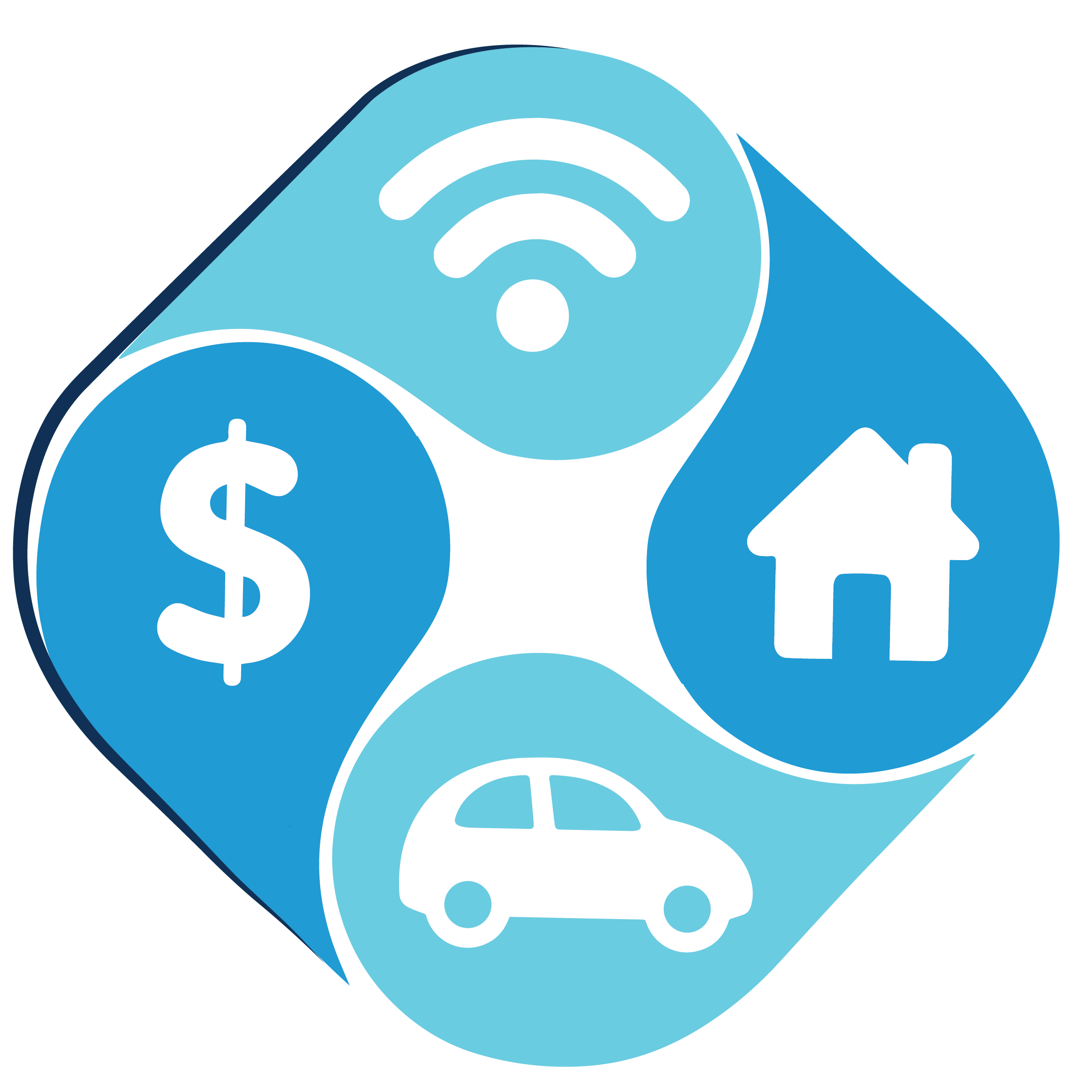 icon with wifi symbol, house, car, and american dollar sign