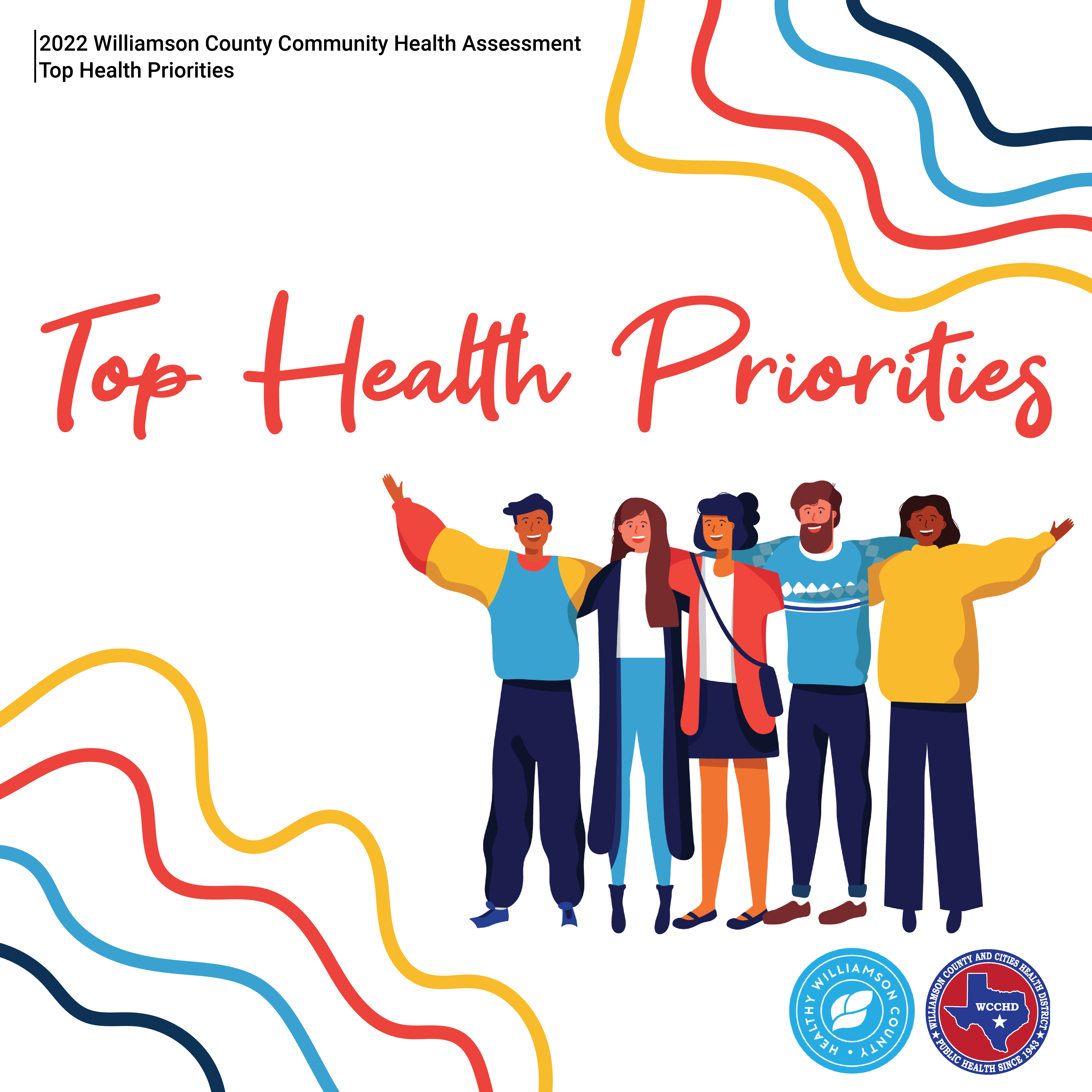 2022 Williamson County Community Health Assessment. Top Health Priorities. Illustration of five people with their arms on each other's shoulders, smiling. Logos for Healthy Williamson County and Williamson County and Cities Health District.
