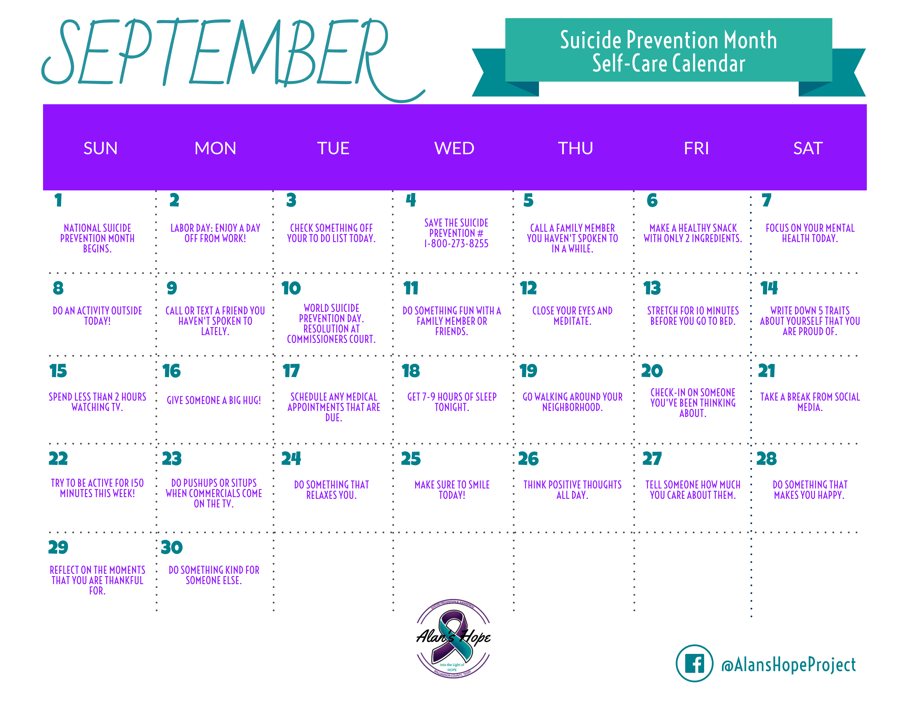 September 2019 suicide prevention month self-care calendar