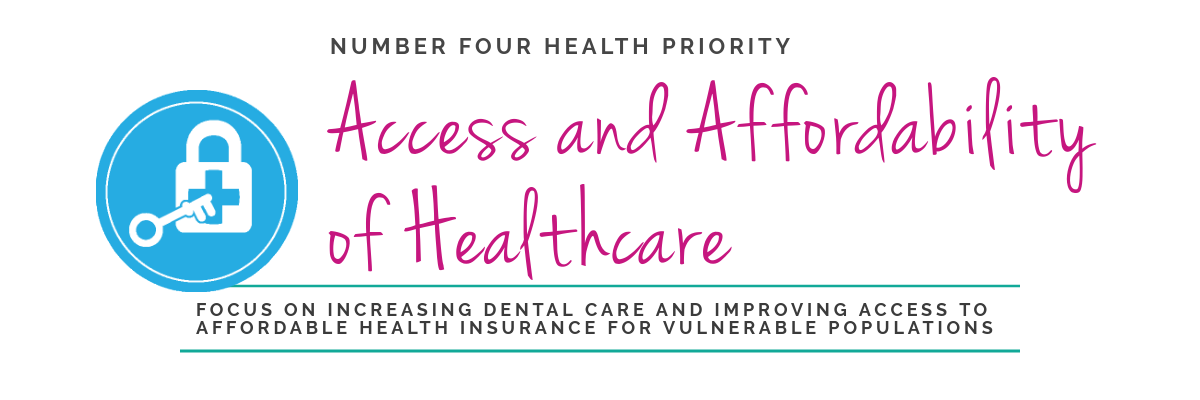 icon of padlock with plus or cross inside and key being inserted into it, with text "number four health priority: access and affordability of healthcare. focus on increasing dental care and improving access to affordable health insurance for vulnerable populations"